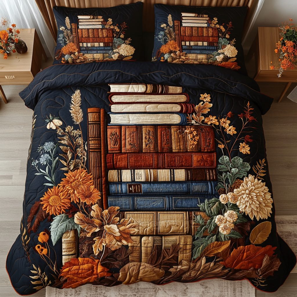 Bookish Bloom quilted 3-piece bedding set on a made bed with two matching pillow shams