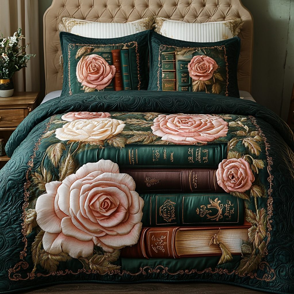 Bookish Blossoms quilted 3-piece bedding set on a made bed with two matching pillow shams