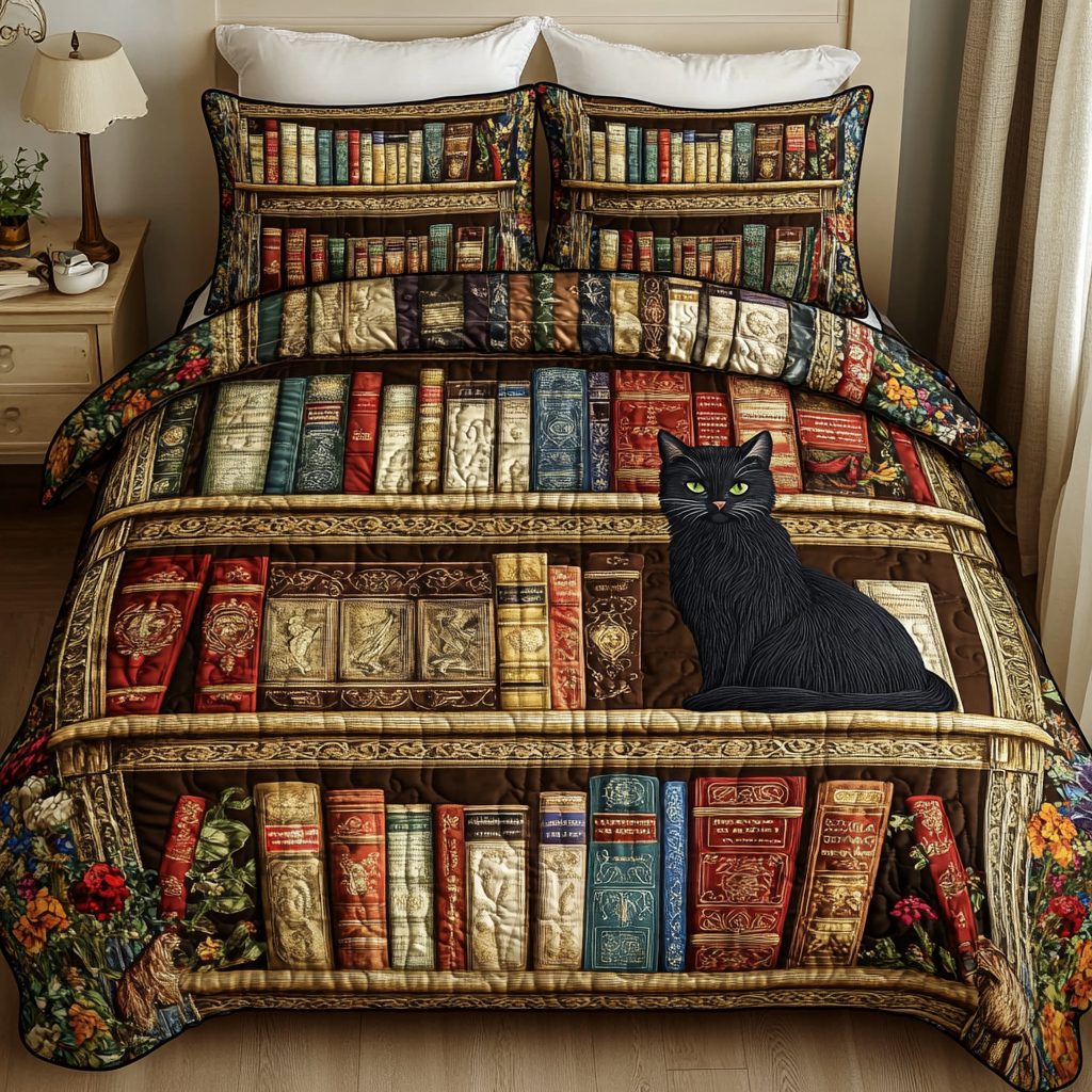 Bookish Cat quilted 3-piece bedding set on a made bed with two matching pillow shams