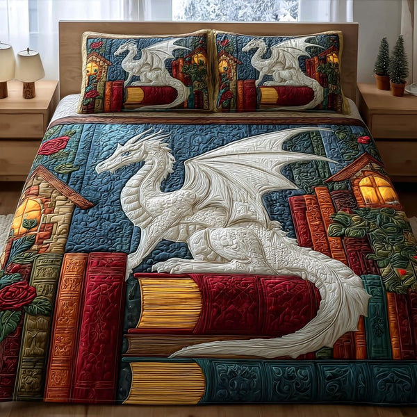 Bookish Dragon quilted 3-piece bedding set on a made bed with two matching pillow shams