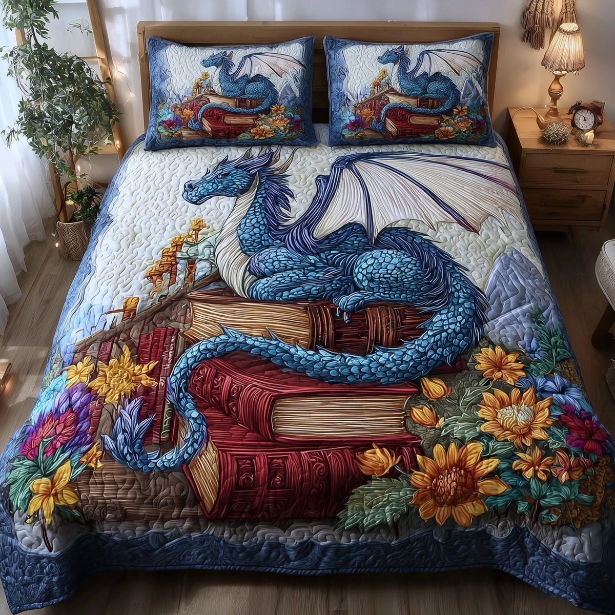Bookish Dragon quilted 3-piece bedding set on a made bed with two matching pillow shams