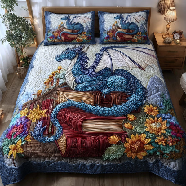 Bookish Dragon quilted 3-piece bedding set on a made bed with two matching pillow shams