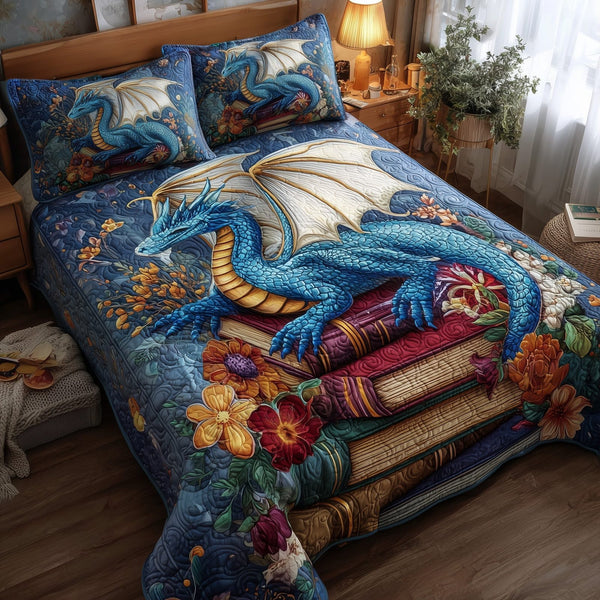 Bookish Dragon quilted 3-piece bedding set on a made bed with two matching pillow shams