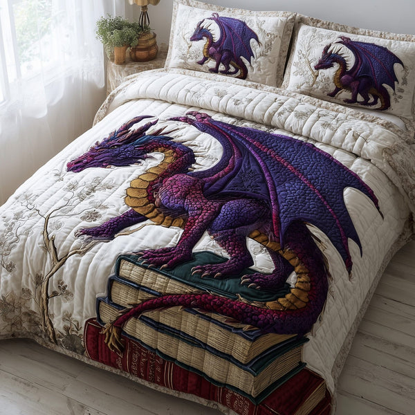 Bookish Dragon quilted 3-piece bedding set on a made bed with two matching pillow shams