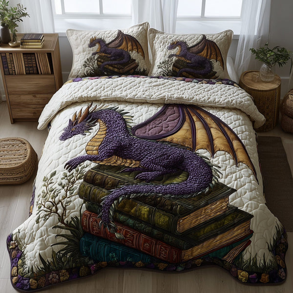 Bookish Dragon quilted 3-piece bedding set on a made bed with two matching pillow shams