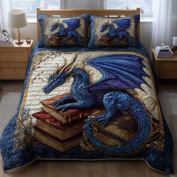 Bookish Dragon quilted 3-piece bedding set on a made bed with two matching pillow shams
