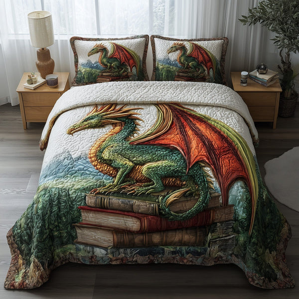 Bookish Dragon quilted 3-piece bedding set on a made bed with two matching pillow shams