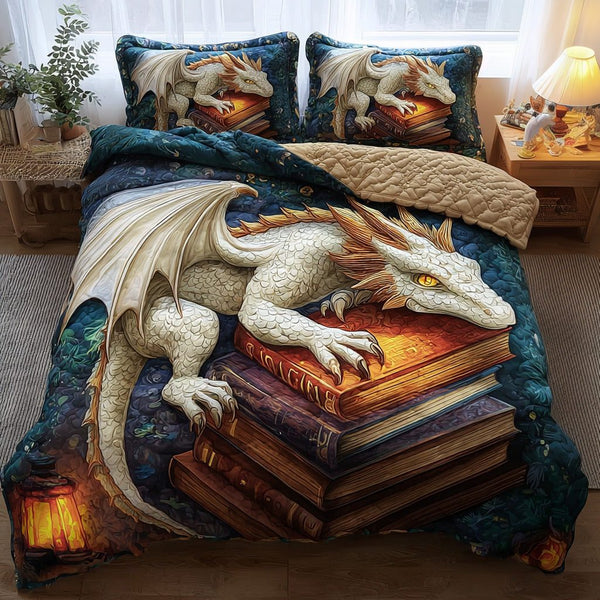 Bookish Dragon quilted 3-piece bedding set on a made bed with two matching pillow shams