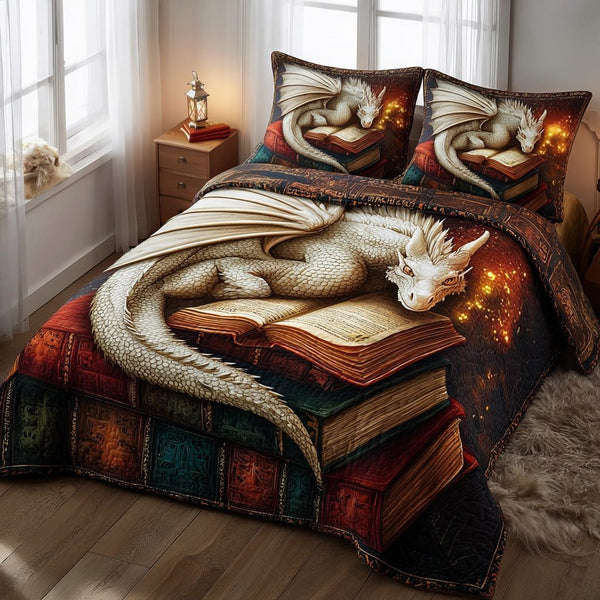 Bookish Dragon quilted 3-piece bedding set on a made bed with two matching pillow shams