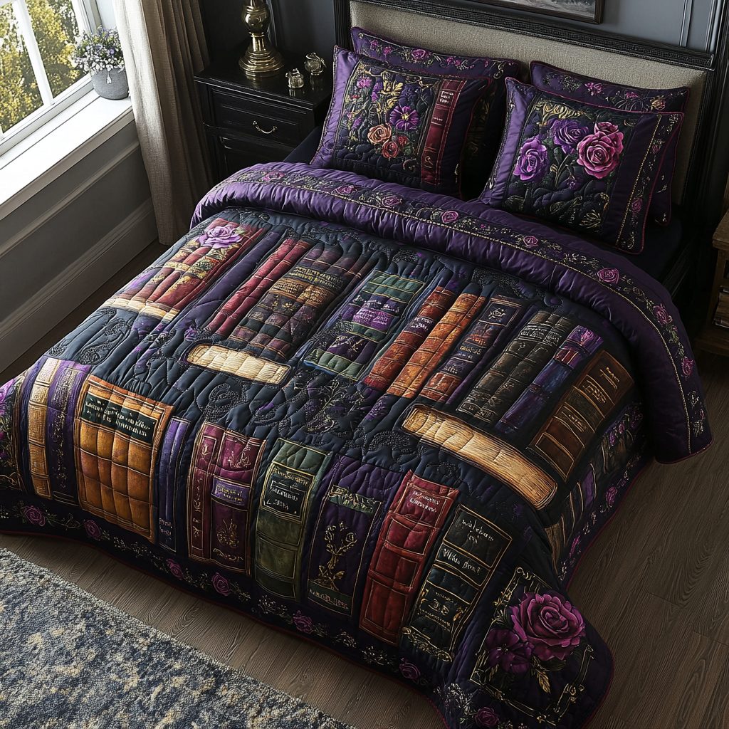 Bookish Dreams quilted 3-piece bedding set on a made bed with two matching pillow shams