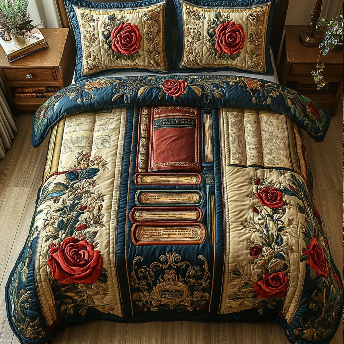 Bookish Elegance quilted 3-piece bedding set on a made bed with two matching pillow shams