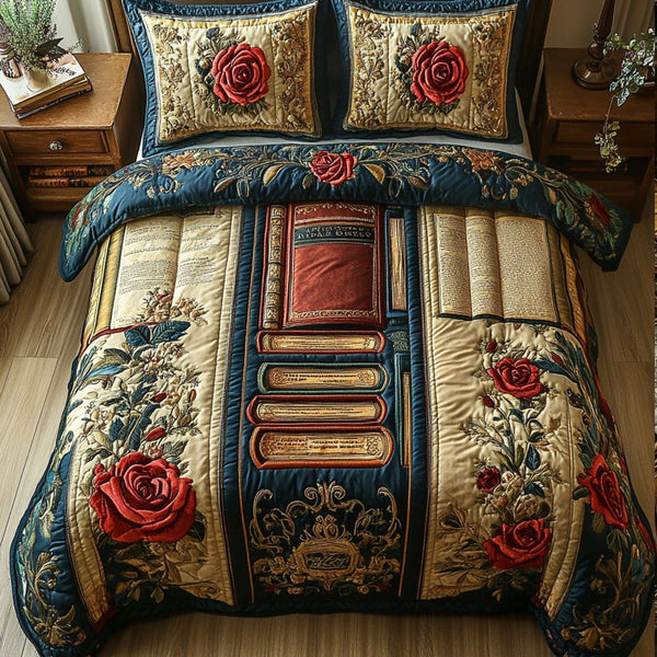 Bookish Elegance quilted 3-piece bedding set on a made bed with two matching pillow shams