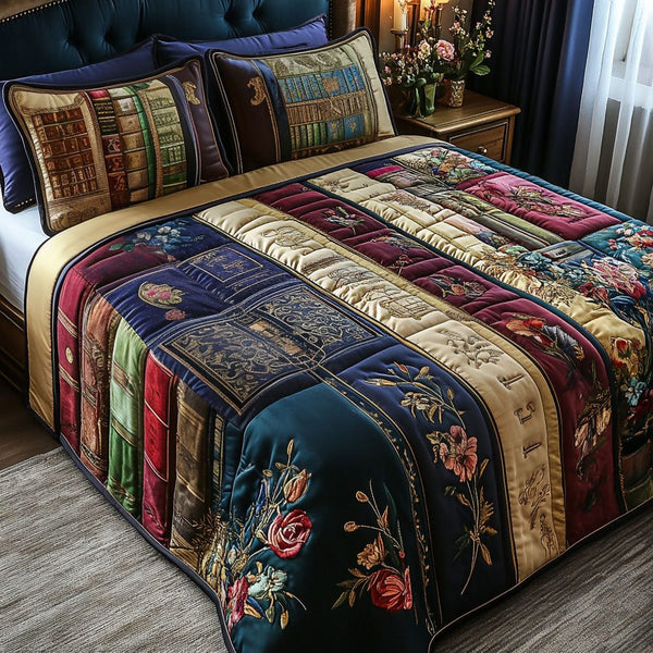 Bookish Escape quilted 3-piece bedding set on a made bed with two matching pillow shams