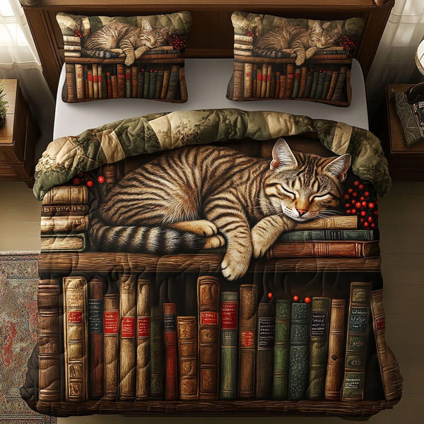 Bookish Paws quilted 3-piece bedding set on a made bed with two matching pillow shams