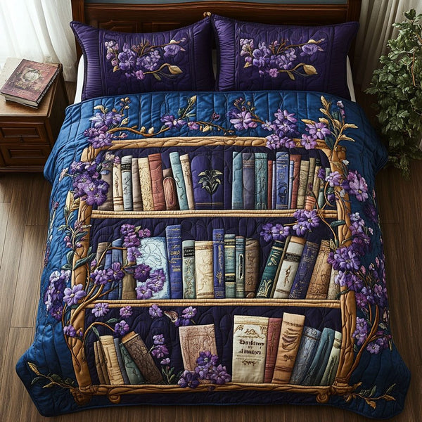 Bookish Reflections quilted 3-piece bedding set on a made bed with two matching pillow shams