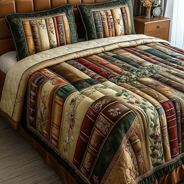 Bookish Serenity quilted 3-piece bedding set on a made bed with two matching pillow shams