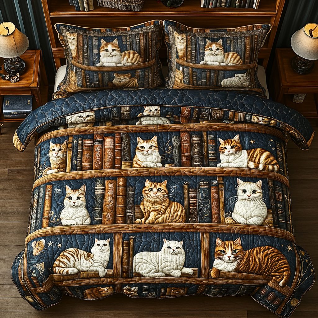 Bookish Whiskers quilted 3-piece bedding set on a made bed with two matching pillow shams