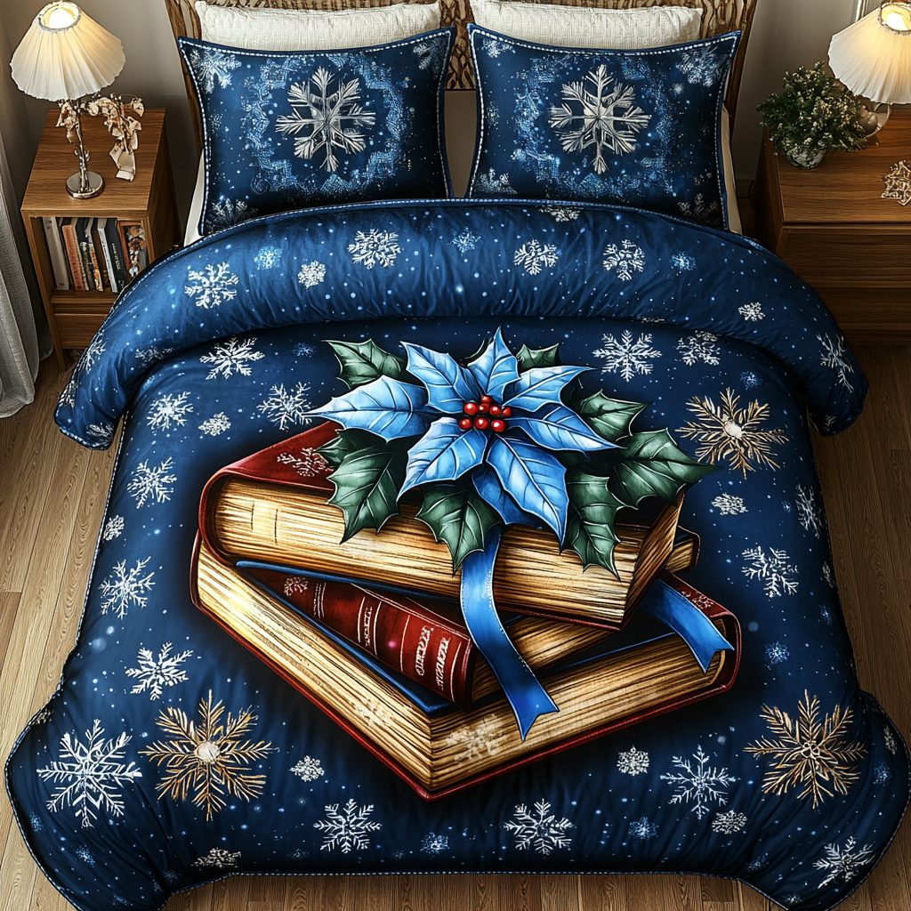 Bookish Winter Escape quilted 3-piece bedding set on a made bed in a winter-styled bedroom