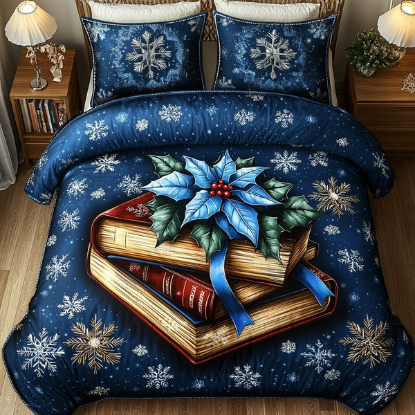Bookish Winter Escape quilted 3-piece bedding set on a made bed in a winter-styled bedroom