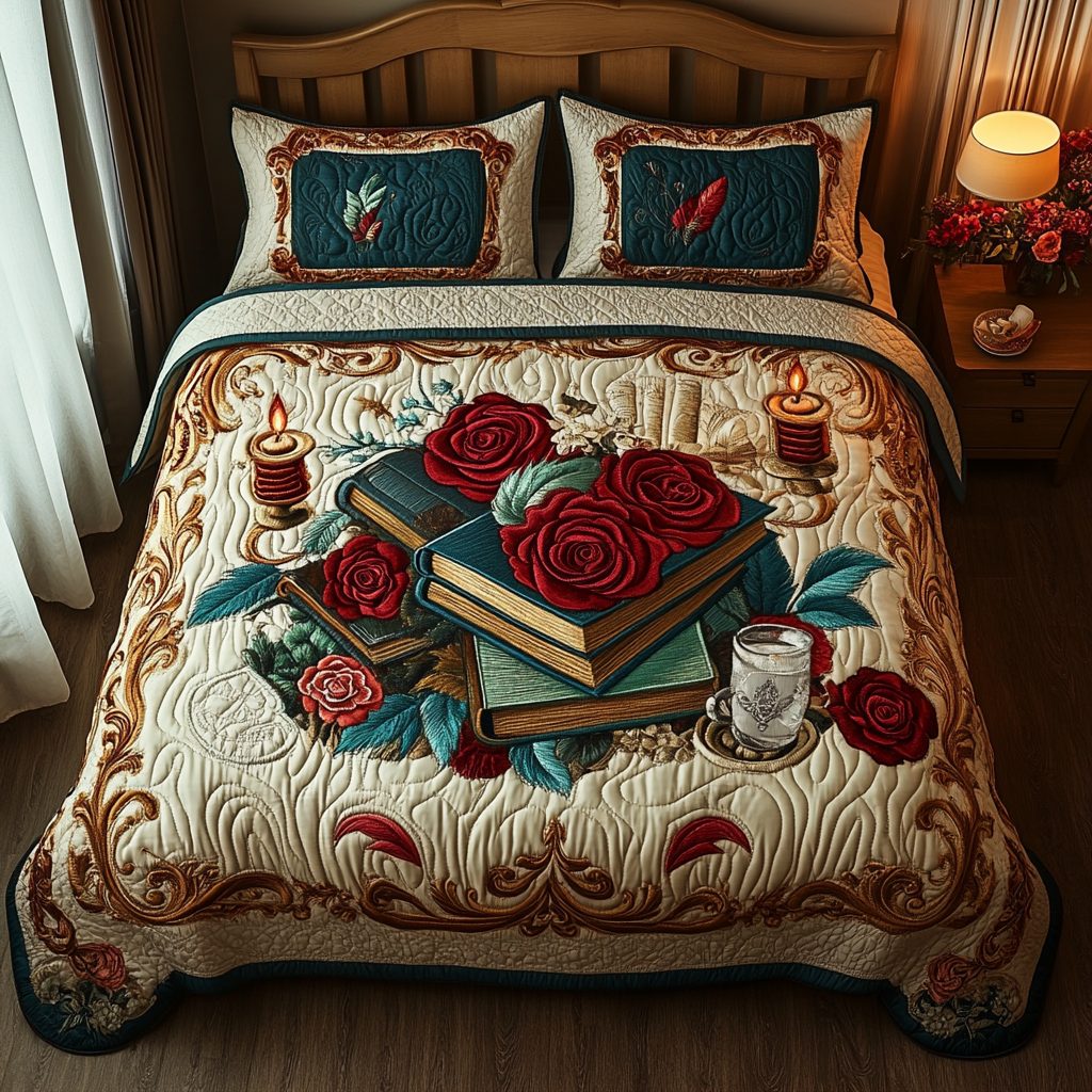 Books and Blooms quilted 3-piece bedding set on a made bed with two matching pillow shams