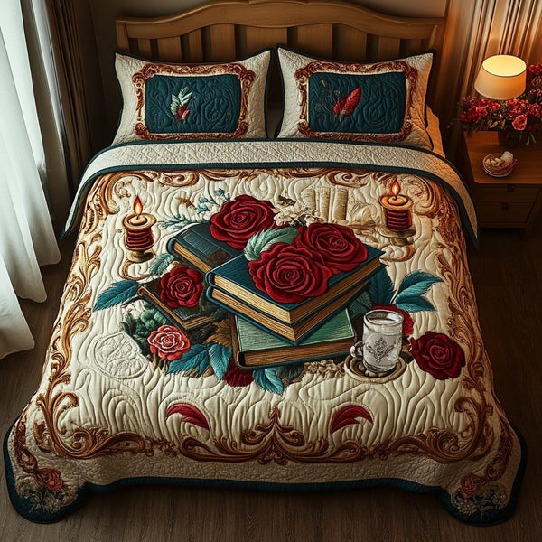 Books and Blooms quilted 3-piece bedding set on a made bed with two matching pillow shams