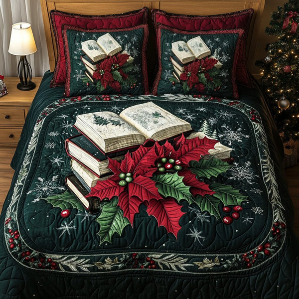 Books And Blooms quilted 3-piece bedding set on a made bed with two matching pillow shams