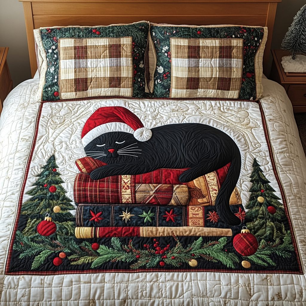Books And Whiskers quilted 3-piece bedding set on a made bed with two matching pillow shams