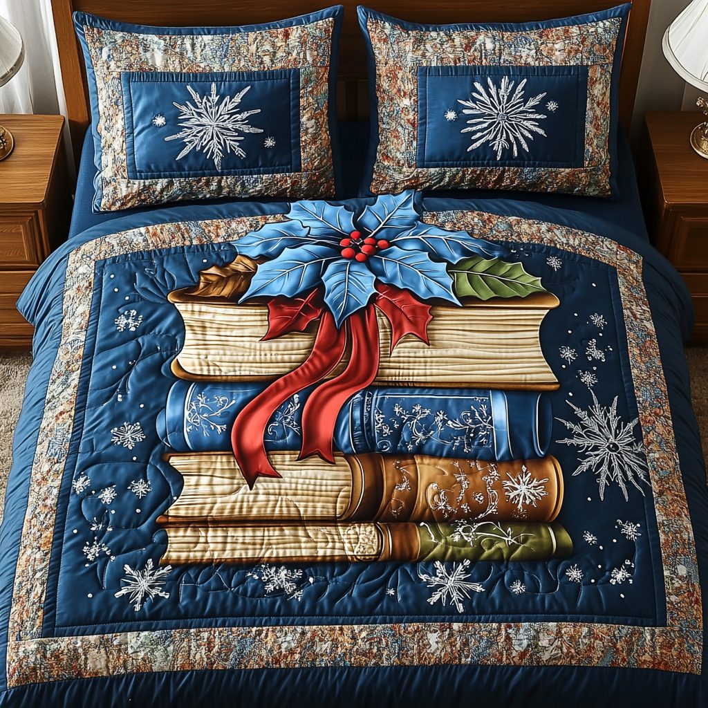 Books Before Bedtime quilted 3-piece bedding set on a made bed with two matching pillow shams