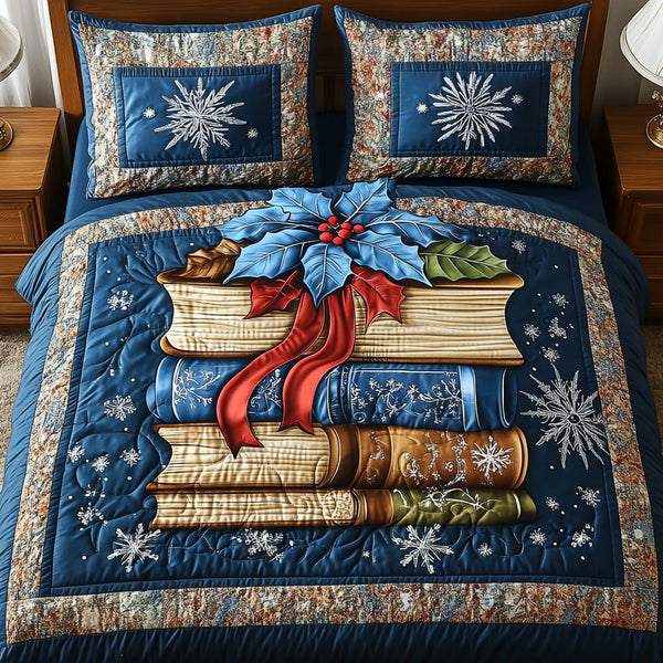 Books Before Bedtime quilted 3-piece bedding set on a made bed with two matching pillow shams
