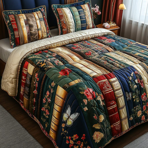 Books Blossoms quilted 3-piece bedding set on a made bed with two matching pillow shams