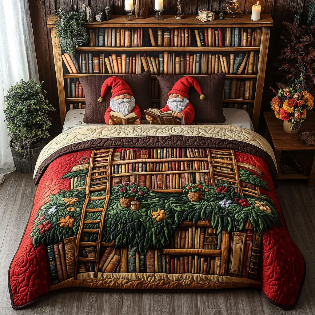 Bookshelf Buddy quilted 3-piece bedding set on a made bed with two matching pillow shams