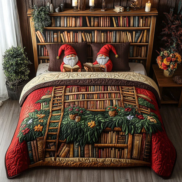 Bookshelf Buddy quilted 3-piece bedding set on a made bed with two matching pillow shams