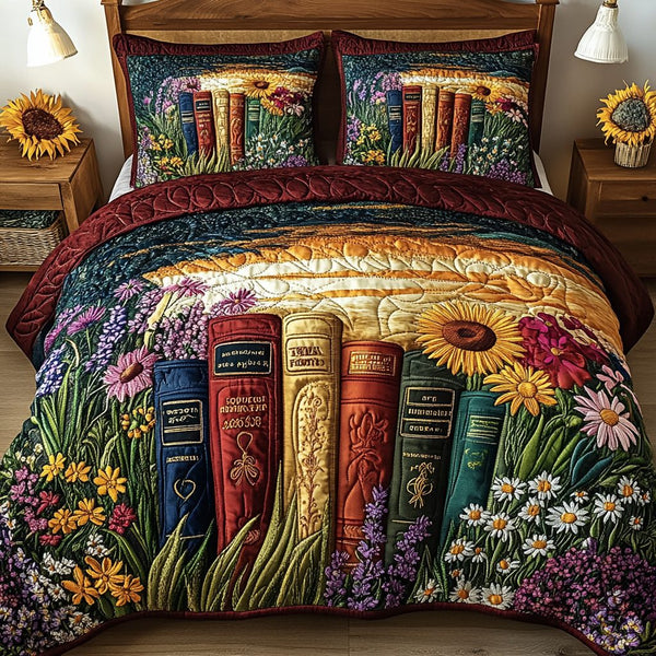 Bookworm Bliss quilted 3-piece bedding set on a made bed with two matching pillow shams