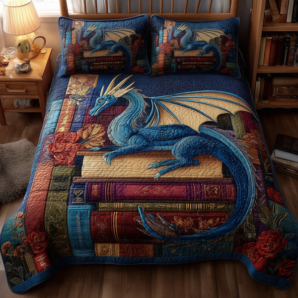 Bookworm Dragon quilted 3-piece bedding set on a made bed with two matching pillow shams