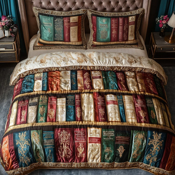 Bookworm Haven quilted 3-piece bedding set on a made bed with two matching pillow shams