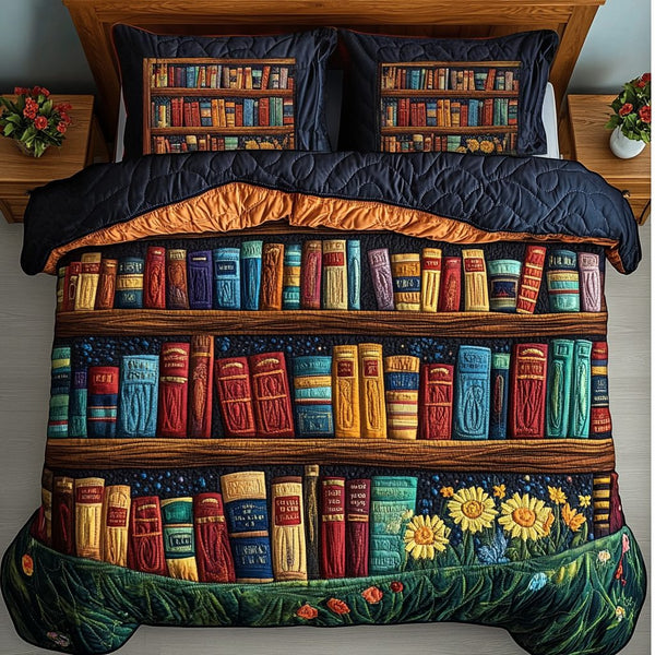 Bookworm Retreat quilted 3-piece bedding set on a made bed with two matching pillow shams