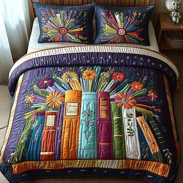 Bookworm Retreat quilted 3-piece bedding set on a made bed with two matching pillow shams