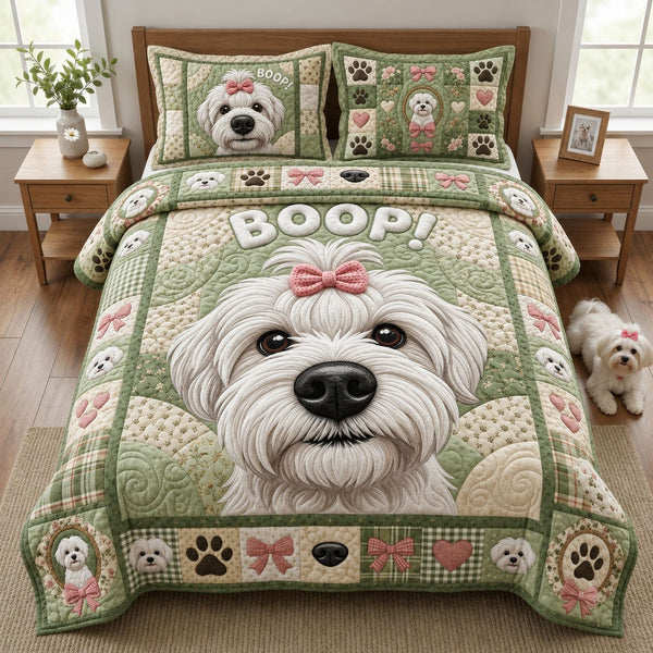 Boop Maltese quilted 3-piece bedding set on a made bed with two matching pillow shams