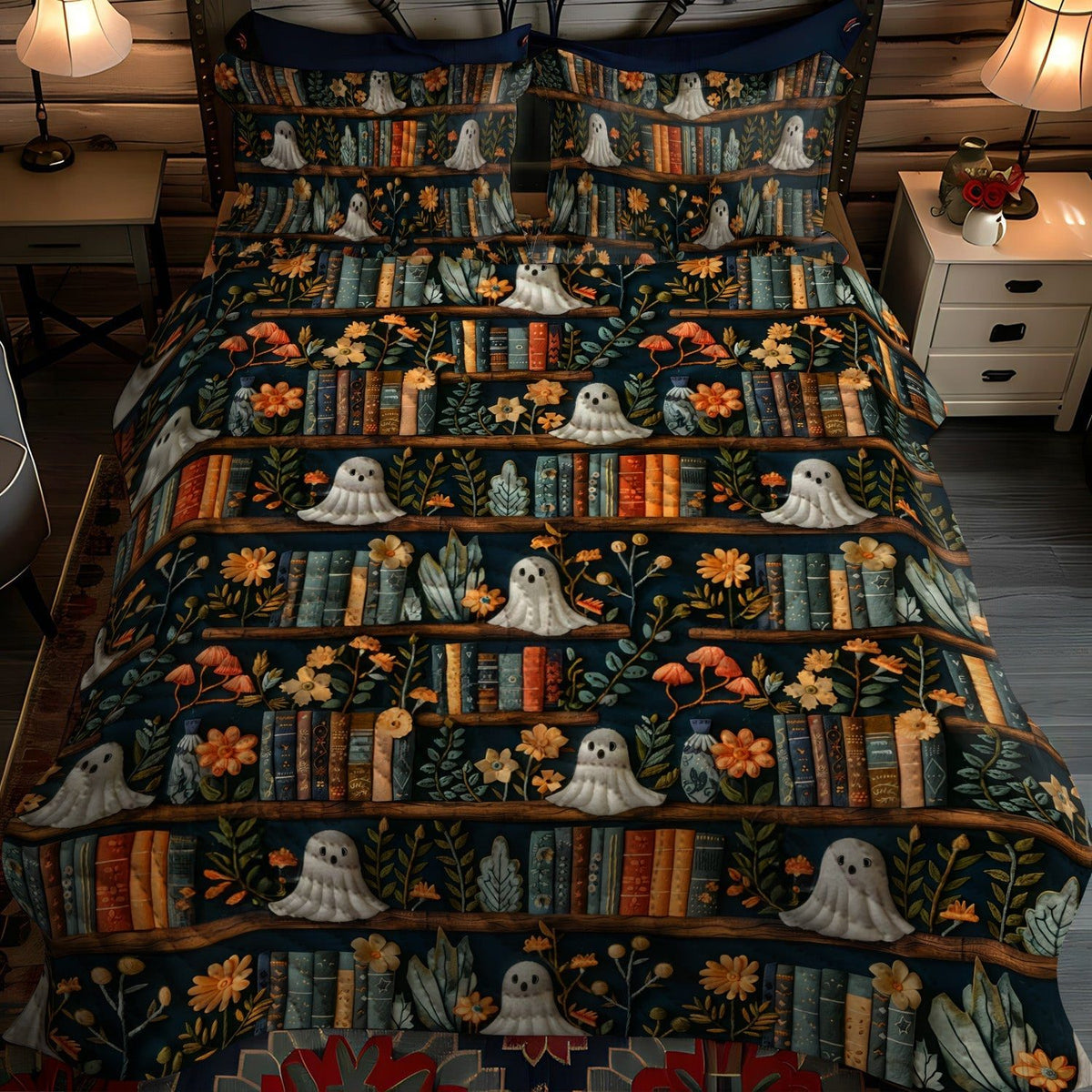 Bootiful Slumber quilted 3-piece bedding set on a made bed with two matching pillow shams