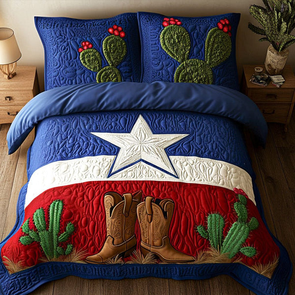 Boots and Cactus quilted 3-piece bedding set on a made bed in a rustic timber bedroom