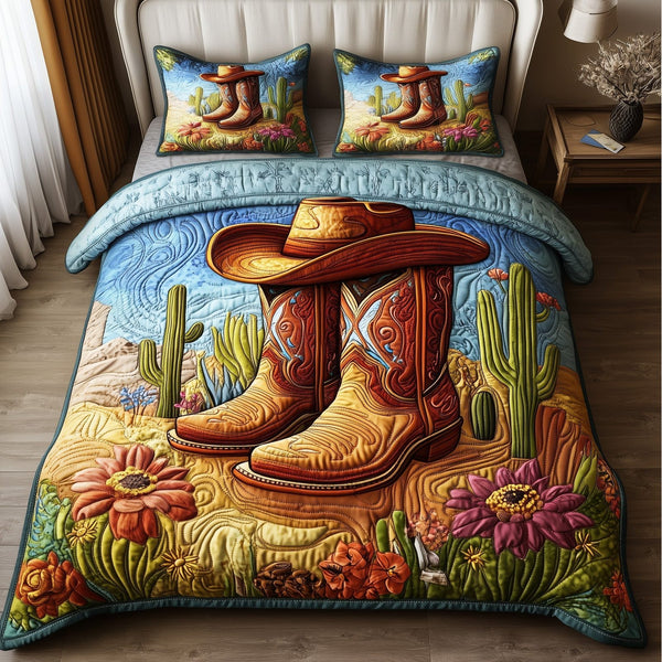 Bootsteps to Home quilted 3-piece bedding set on a made bed with two matching pillow shams