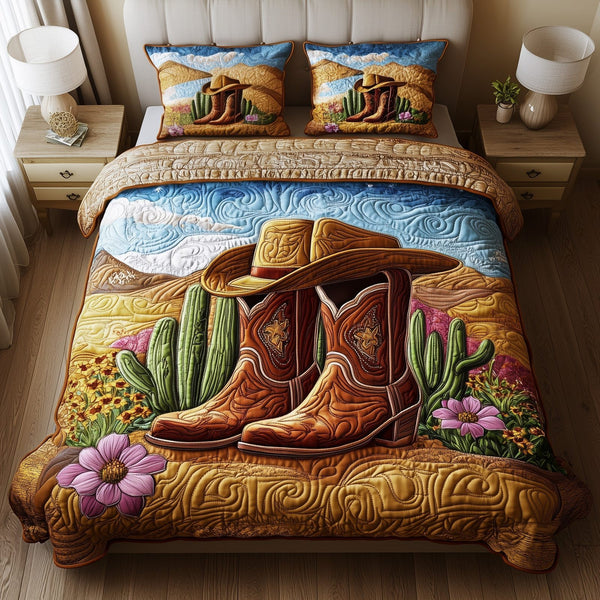 Bootsteps to Home quilted 3-piece bedding set on a made bed with two matching pillow shams