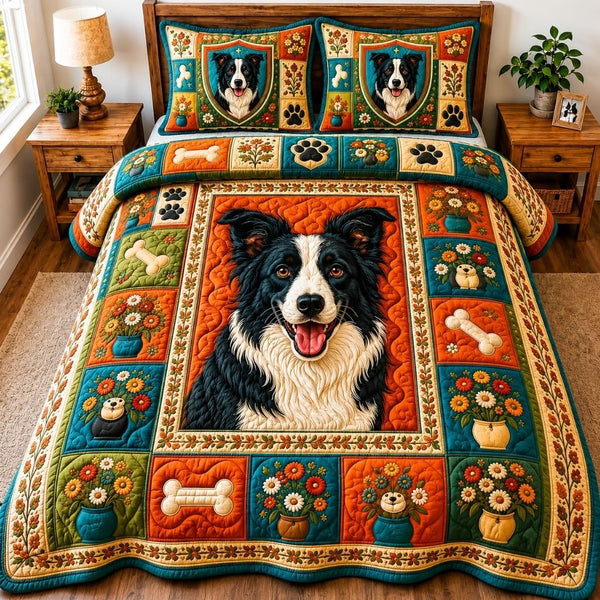 Border Collie Adventure quilted 3-piece bedding set on a made bed in a winter-styled bedroom