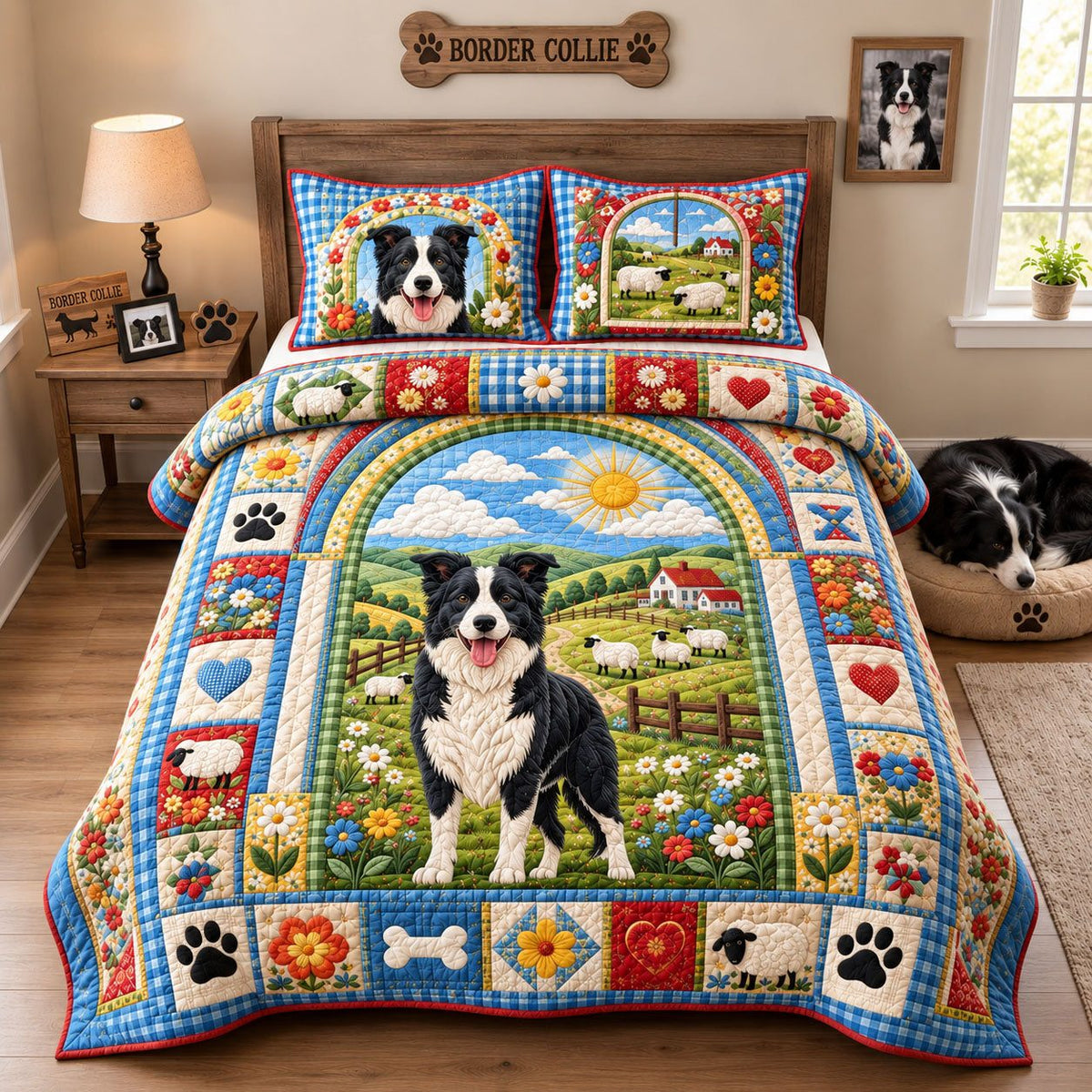 Border Collie Country Life quilted 3-piece bedding set on a made bed in a farmhouse bedroom