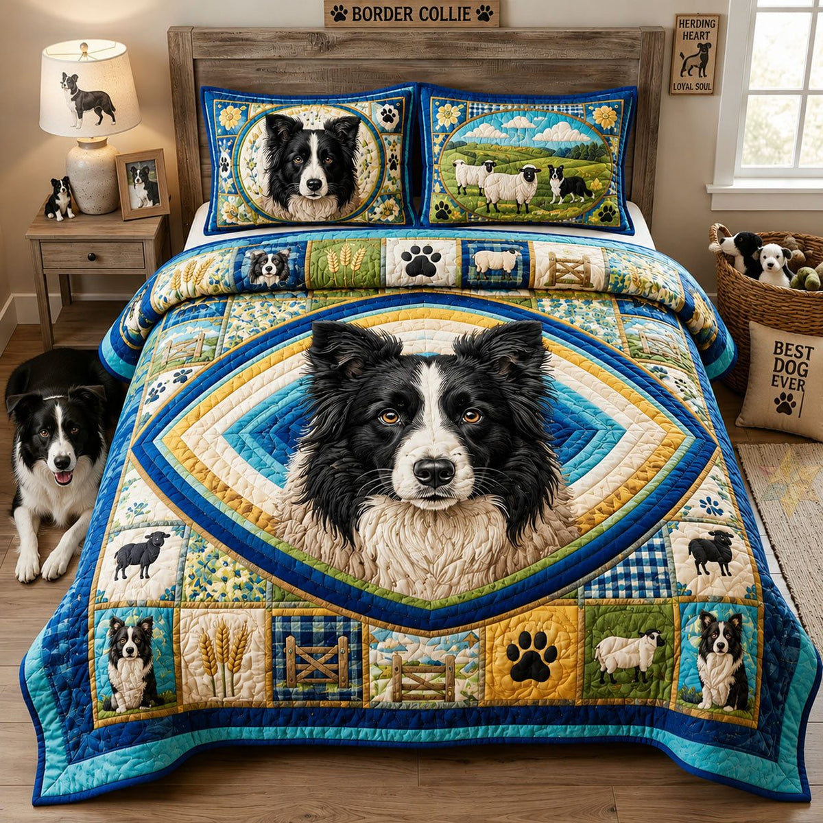 Border Collie Farm Life quilted 3-piece bedding set on a made bed with two matching pillow shams