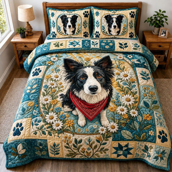 Border Collie Meadow quilted 3-piece bedding set on a made bed with two matching pillow shams