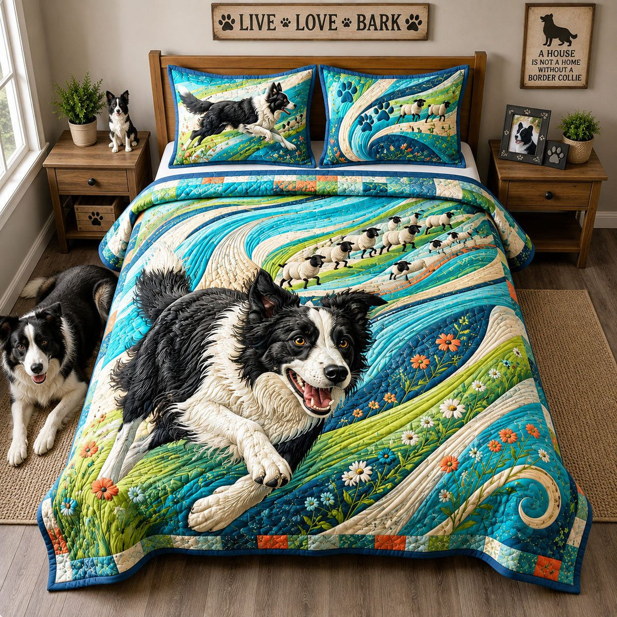 Border Collie Sheep Chase quilted 3-piece bedding set on a made bed with two matching pillow shams