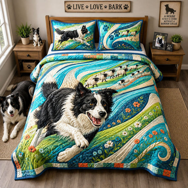 Border Collie Sheep Chase quilted 3-piece bedding set on a made bed with two matching pillow shams