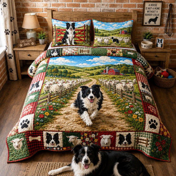 Border Collie Sheep Farm quilted 3-piece bedding set on a made bed with two matching pillow shams