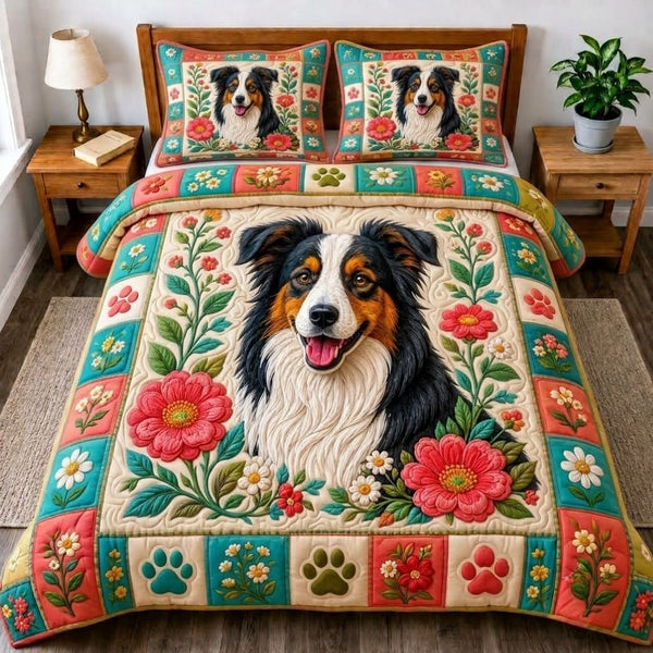 Border Collie Spirit quilted 3-piece bedding set on a made bed with two matching pillow shams